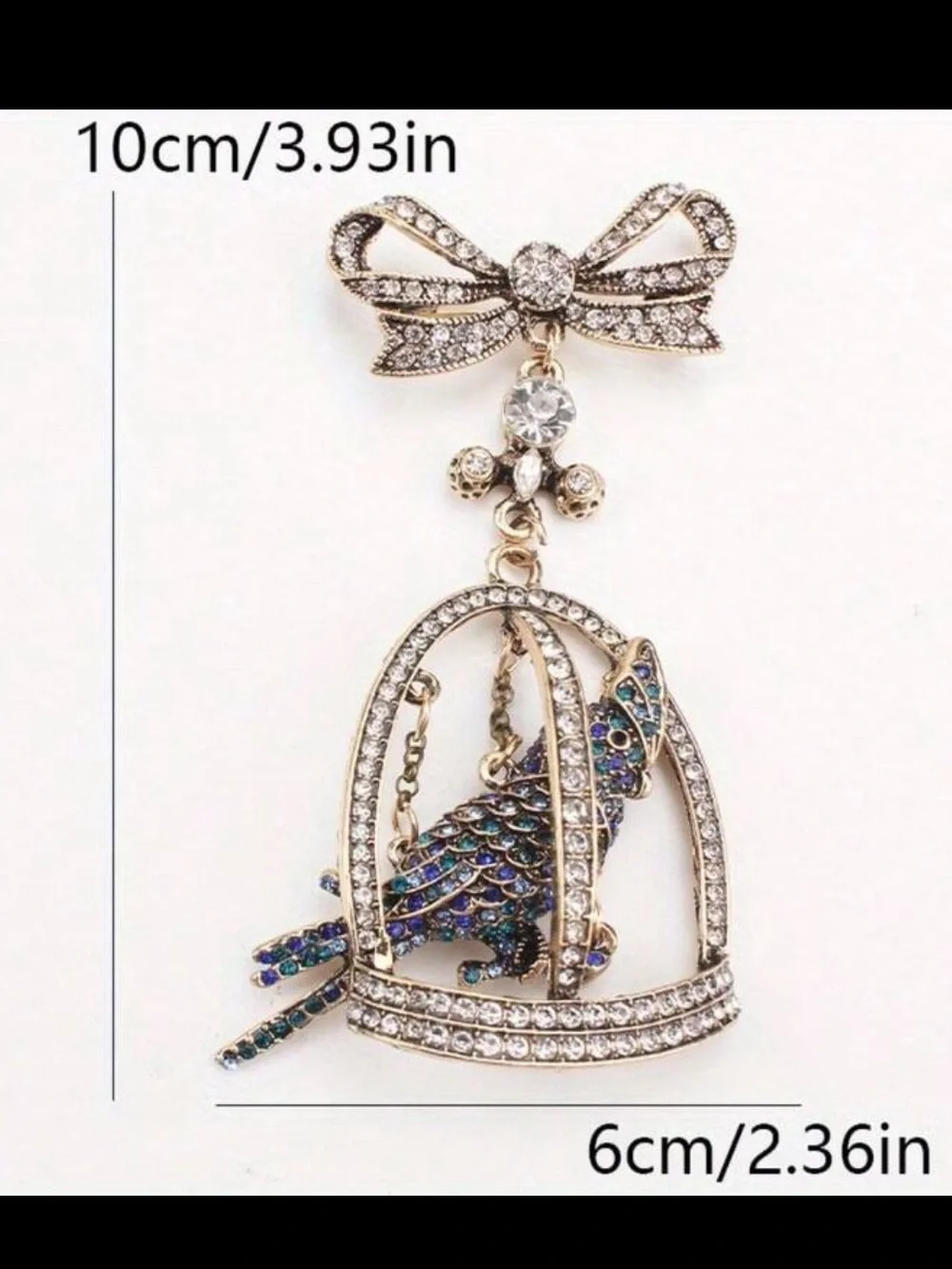 STUNNING-Large Crystal Parrot in Cage Brooch with Bow - Gold Tone